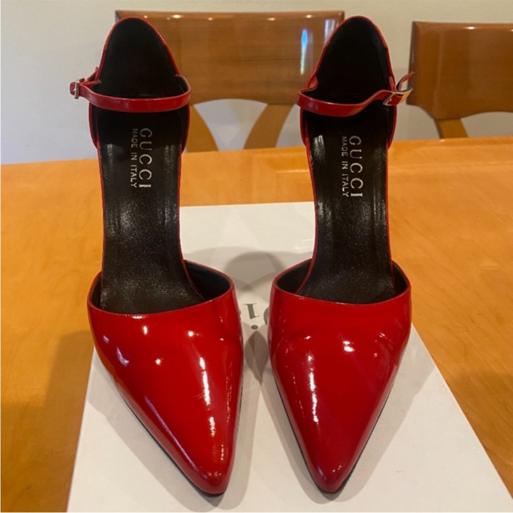 Gucci Women's Red Patent Pointed-Toe Ankle-Strap Pumps